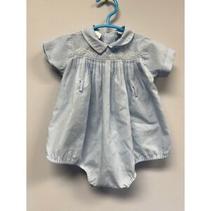 Vintage Croissant Baby Boy Blue Embroidered Turtle Romper Scalloped Collar 3-6M